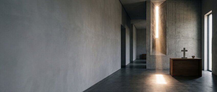 Minimalist modern chapel interior with concrete walls featuring a narrow beam of natural sunlight illuminating a wooden altar and stone cross