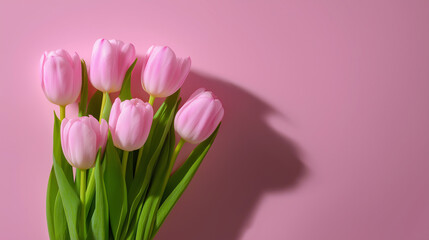 Obraz premium Bouquet of pink tulips on pastel background arranged vertically creating elegant spring floral composition.
