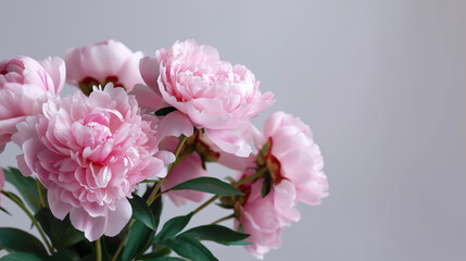 Fototapeta premium Soft pink peony flowers on pastel background creating elegant romantic floral composition with copy space.