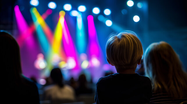 Children watching colorful stage lights at concert creating vibrant entertainment and event atmosphere.