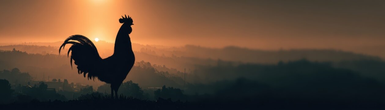Silhouette of  proud rooster standing against  bright orange sunrise over rolling hills