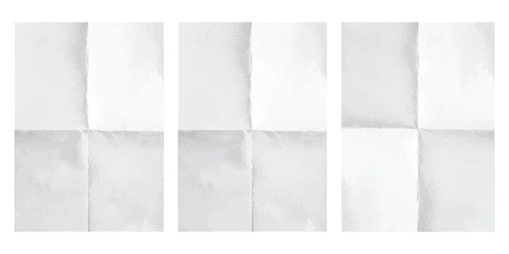 Three white sheets of paper each featuring a clear cross fold pattern against a plain background