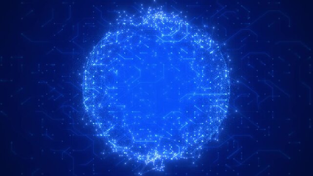 Abstract Glowing Blue Digital Sphere with Circuit Lines and Geometric Plexus Network, Futuristic AI Technology Core Background Loop 4K