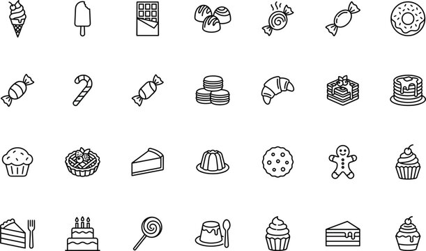 dessert sweets candy bakery pastry chocolate ice cream popsicle donut cupcake cookie cake croissant muffin pudding tart lollipop candy cane chocolate bar snack food icon set illustration on transparen