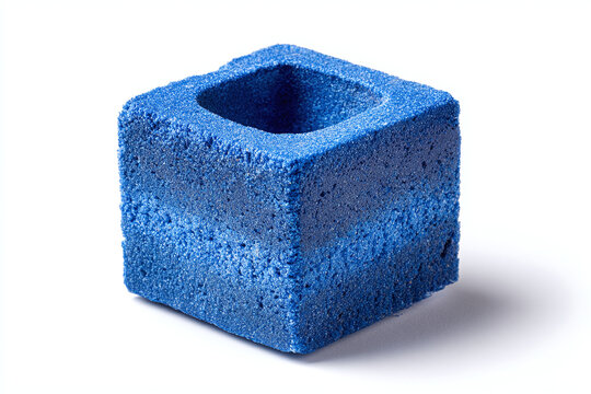 A professional blue pool chalk cube with a depression in the center, isolated on white background --ar 3:2