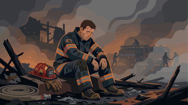 A firefighter in uniform sits dejectedly amidst the smoky ruins and charred debris of a fire, with other firefighters and a truck visible in the background.