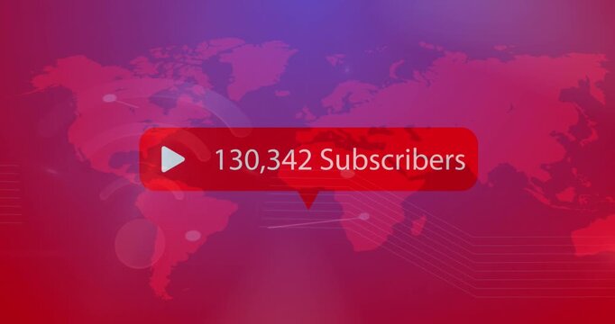 Animation of play icon with increasing subscribers over world map against purple gradient background