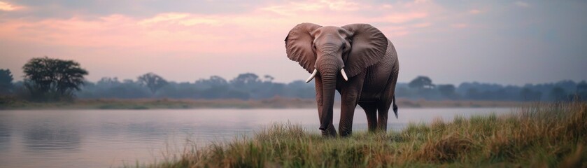 Fototapeta premium Adult African elephant standing near river bank during misty sunrise or sunset in wilderness