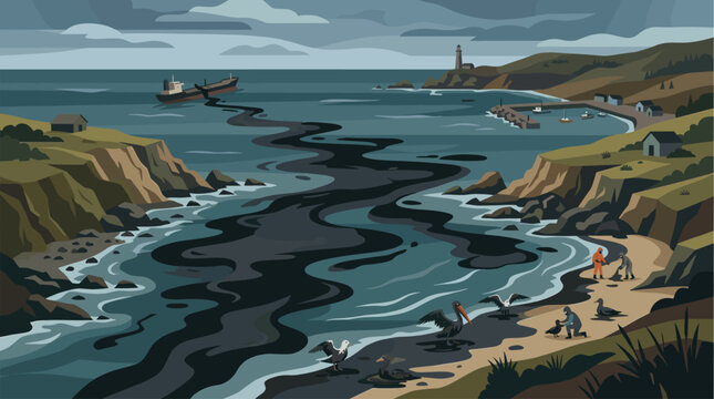 An oil tanker spills black sludge into the ocean, polluting a scenic coastline where people in protective gear rescue oiled birds and pelicans near a lighthouse and harbor.