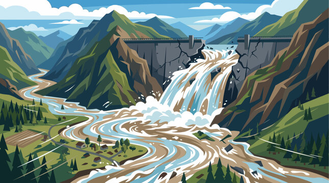 A dramatic illustration depicts a broken dam unleashing a powerful flood through a mountain valley, with a winding river flowing past a small village and forest.