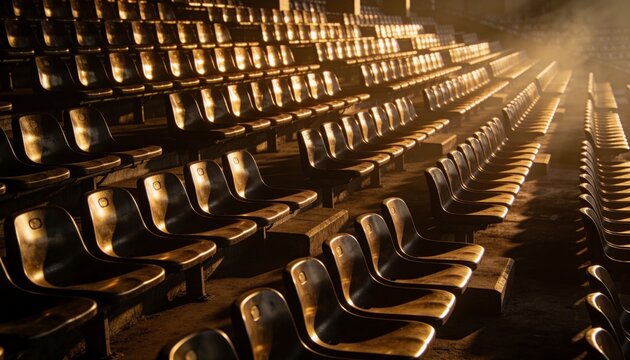 Showing empty molded plastic stadium seats running up stadium risers, with dust and scuff marks