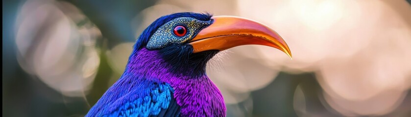 Obraz premium Close up of vibrant purple and blue tropical bird with large orange beak and red eye