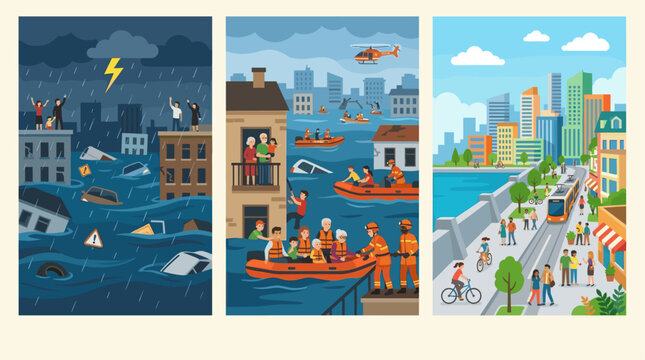 This illustrative triptych depicts a dramatic flood scenario, showcasing the initial crisis, rescue operations, and eventual return to normalcy in an urban environment.