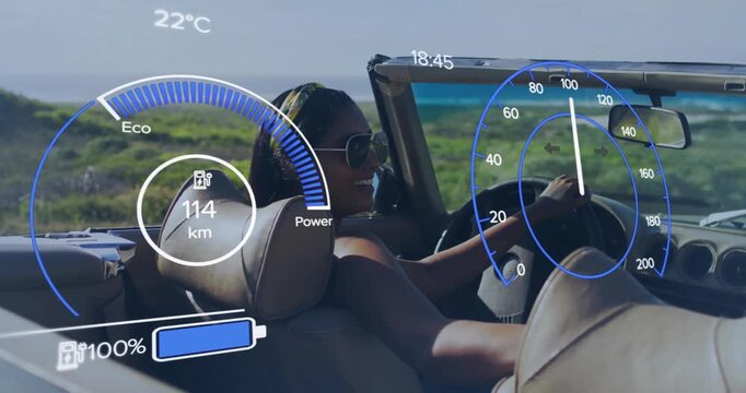 Driving convertible car, woman enjoying summer, speedometer and battery level animation over scene