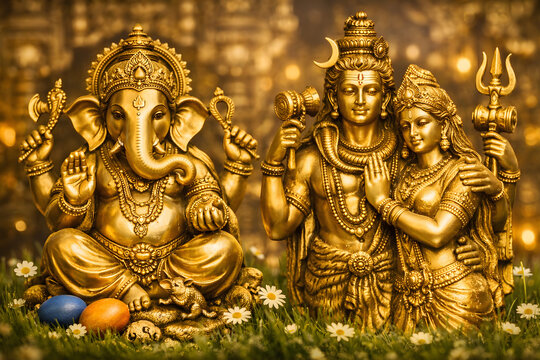 Golden Statues of Ganesha, Shiva, and Parvati