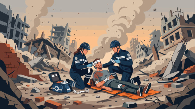 Emergency responders provide first aid to an injured individual amidst the rubble of destroyed buildings, highlighting a scene of disaster and rescue.