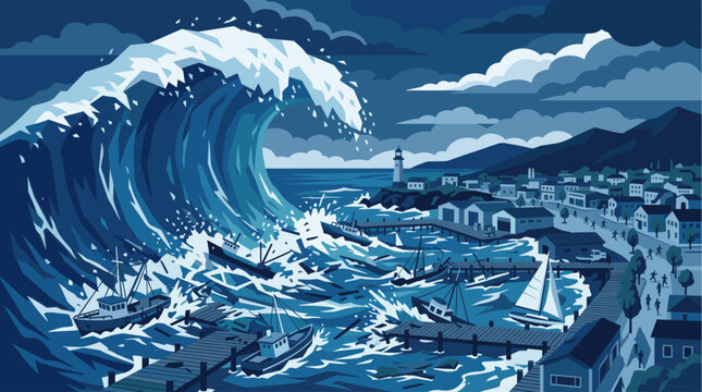 A massive blue tsunami wave crashes down on a coastal town, submerging boats and docks in its destructive path under a dramatic, cloudy sky.