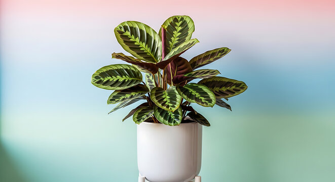 A vibrant calathea makoyana houseplant featuring patterned leaves in a simple white ceramic pot