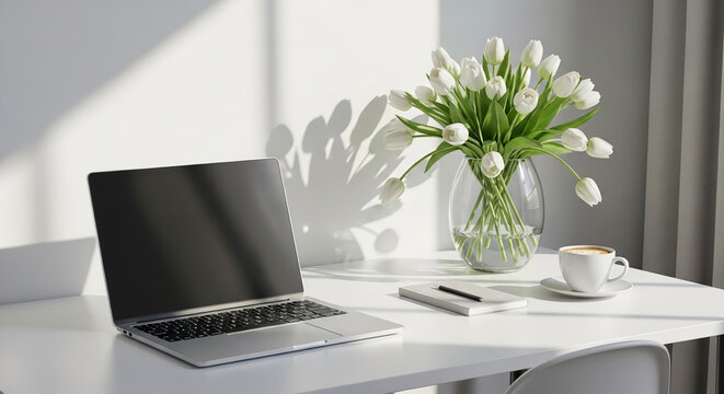 Modern Spring Workspace with Laptop White Tulips and Natural Sunlight