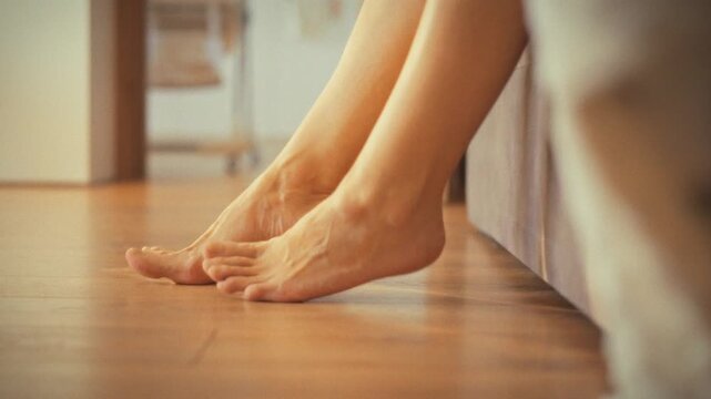 Woman slowly lowers her bare feet from bed to floor, stretching her soles in the early morning light at home. As she begins her daily routine, she heads to the kitchen, marking serene start to her day