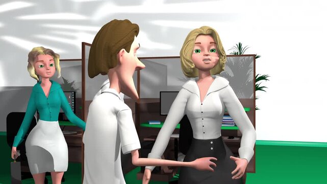 3d animation, one cartoon character speaking with an another cartoon character during the other cartoons characters  standing on office	