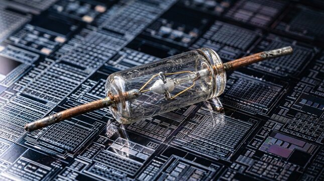 Extreme close-up of a legacy Germanium diode resting on modern nanometer-scale silicon wafers to create a profound structural contrast.