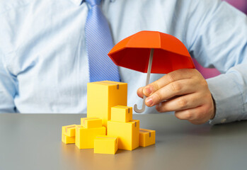 A businessman insures goods packed in boxes for shipping. Freight and cargo protection in trade. Import export operations, logistics planning, and risk management ensure safe delivery