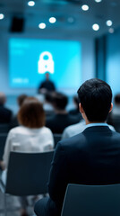 Fototapeta premium Audience attending cybersecurity presentation with digital lock icon on screen, representing data protection and information security awareness.