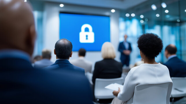 Audience attending cybersecurity presentation with digital lock icon on screen, representing data protection and information security awareness.