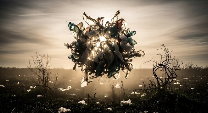 Swirling ball of plastic bags floating over polluted landscape