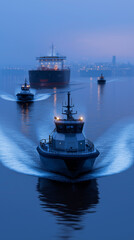 Fototapeta premium Naval escort vessels guiding cargo ship through strategic waterway, symbolizing maritime security and military presence in Strait of Hormuz.