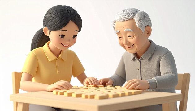 介護スタッフと一緒にパズルで脳トレを楽しむシニア男性の3Dクレイイラスト