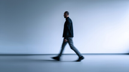 Obraz premium Blurred man walking in motion in modern gradient studio, symbolizing movement, speed and contemporary lifestyle.