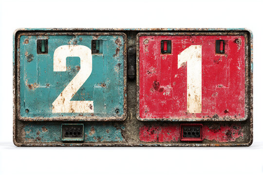 A retro mechanical split-flap scoreboard showing "2" on the left and "1" on the right, realistic weathered metal, isolated on white background --ar 3:2