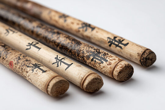 A set of four traditional Korean Yut sticks with burned-in markings, isolated on white background --ar 3:2
