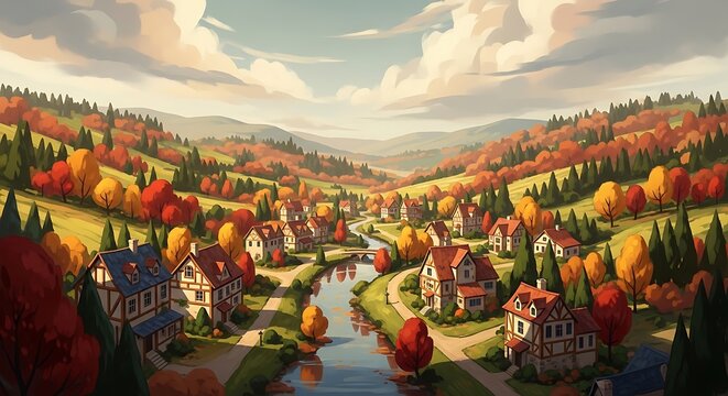 A quaint, European-style village with timber-framed houses.