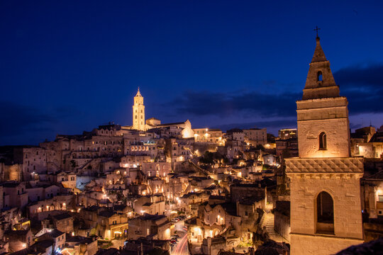 Matera in the blue hour,&nbsp;when the Sassi glow softly beneath a deepening southern sky.