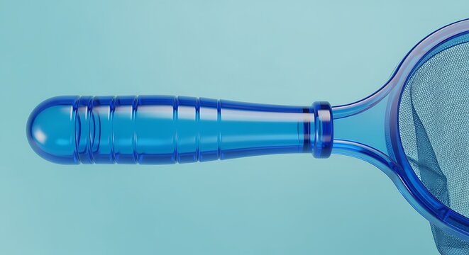 Blue plastic fly swatter with handle and mesh net on light blue background for pest control and insect catching