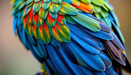 Obraz premium The image showcases a close up view of a bird's vibrant, multicolored feathers
