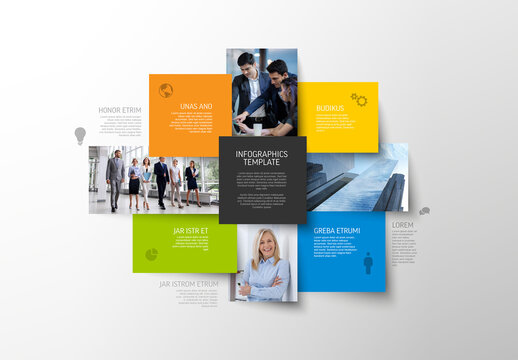 Modern Business Infographic Template with Colorful Square Layout and Photo Placeholders