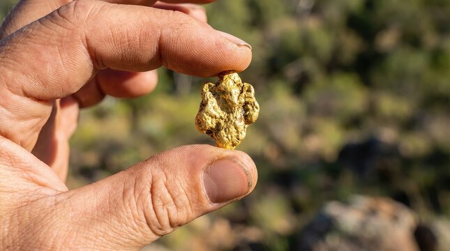 A hand holding a small, raw gold nugget found during prospecting, showcasing its natural form and value.