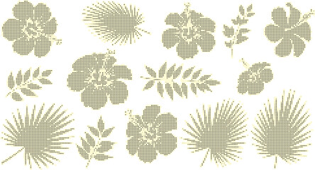 Collection of stylized tropical floral and palm leaf elements in a minimalist halftone dot art design for graphic design and decoration © MdKorban