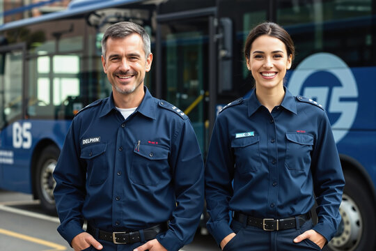 Man and woman in blue uniforms with DELPHIN tag, standing confidently in front of a blue bus, likely public transportation workers.