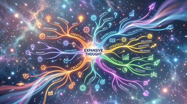 Dynamic colorful mind map illustrating expansive thought and divergent thinking. Glowing network diagram with cognitive concepts in a cosmic space background. Neurodiversity and brainstorming concept
