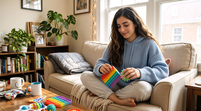 Young woman using colorful sensory fidget toys while sitting on a sofa at home. Neurodivergent adult stimming with a pop it and spiky ball for focus and stress relief. Neurodiversity lifestyle