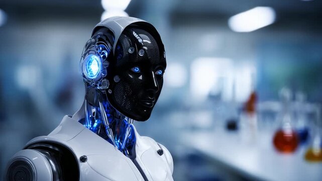 Futuristic Robotic Android: A Dual Perspective on Cutting-Edge AI Technology Showcasing Advanced Features and Design in a Laboratory Environment