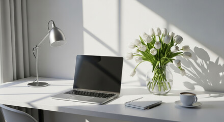 Fototapeta premium Modern Spring Workspace with Laptop White Tulips and Natural Sunlight