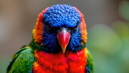 Fototapeta premium The image features a brightly colored bird with a vivid, multicolored plumage. Its head is covered in numerous blue feathers, with a striking red beak at the center