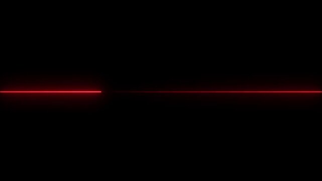 Glowing neon horizontal straight blue color laser line animation moving from left to right isolated on black background.
