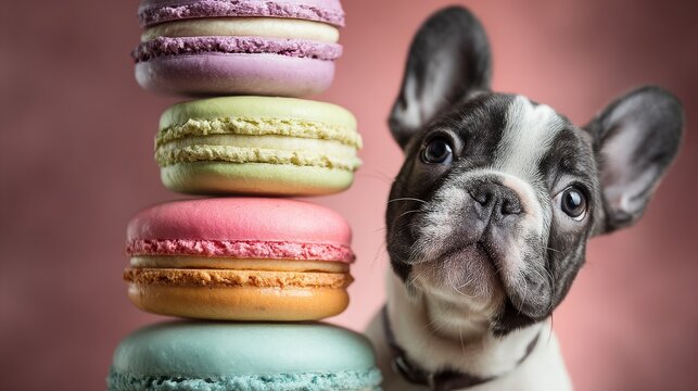A curious French Bulldog puppy tilting its head, sitting in front of a giant stack of colorful French macarons in a Parisian patisserie. Shallow depth of field, vibrant and glossy colors.